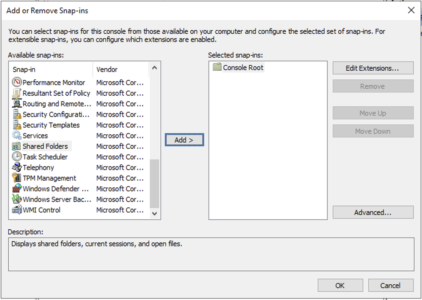 Adding the Shared Folders Snap-in