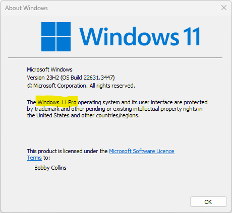 Figure 1.1 - This system is shown (highlight added for emphasis) to be running Windows 11 Pro, which supports RDMA.