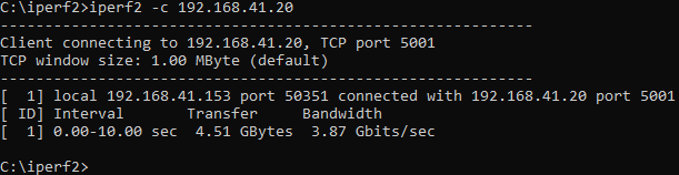 Fig 1.6 - the output on the client side of iperf2 having carried out a 10 second transfer test with the server.