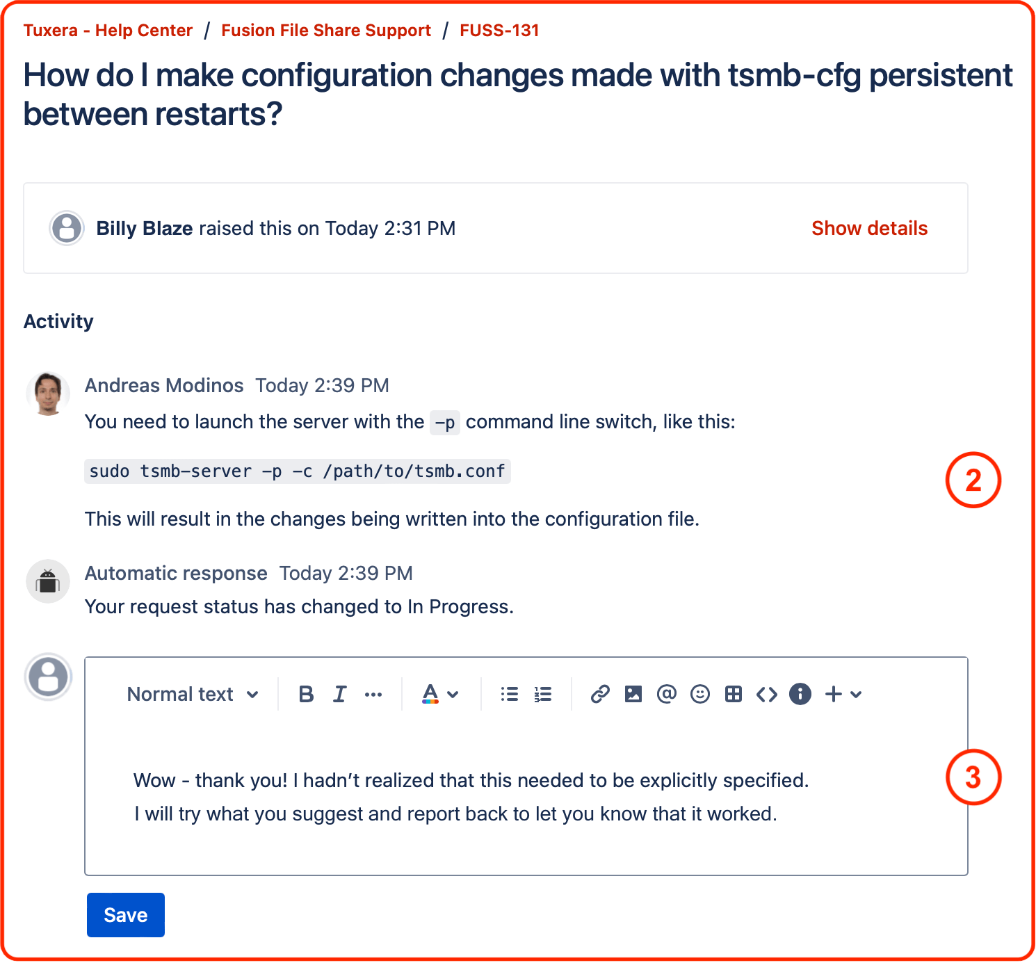 Beneath the case summary you'll find an activity feed with previous replies in chronological order, and a field with rich text editing controls for submitting new replies.