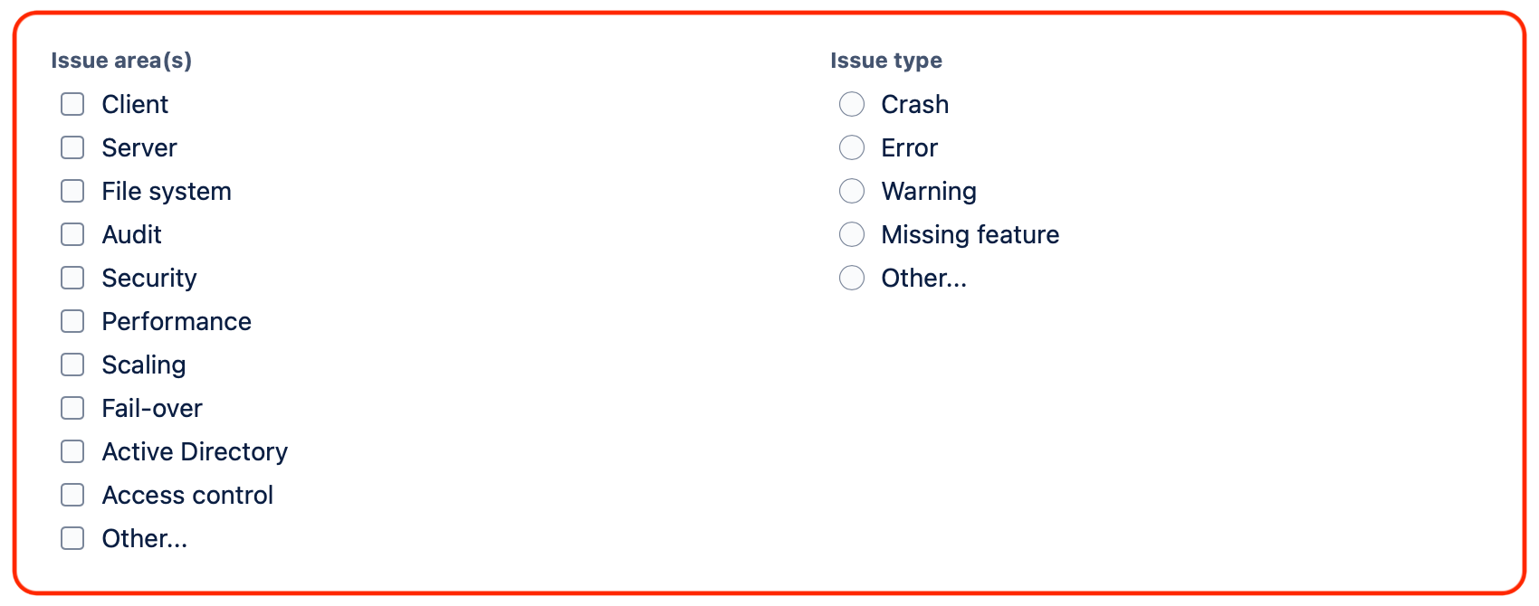 Select the issue type and relevant domain(s).